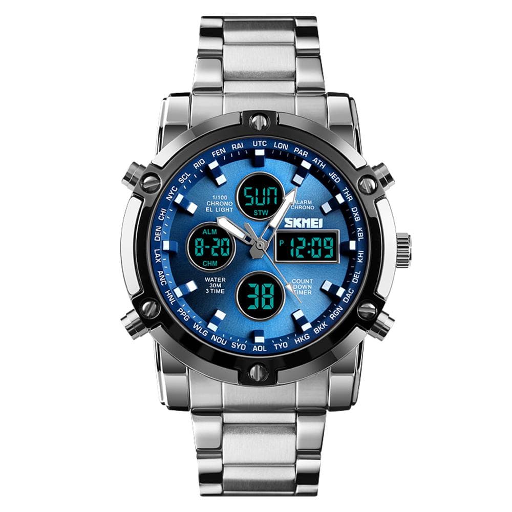 Fashion Watch Trend Multi-functional Three Time Large Dial Business Men's Electronic Steel Band Silvery&blue