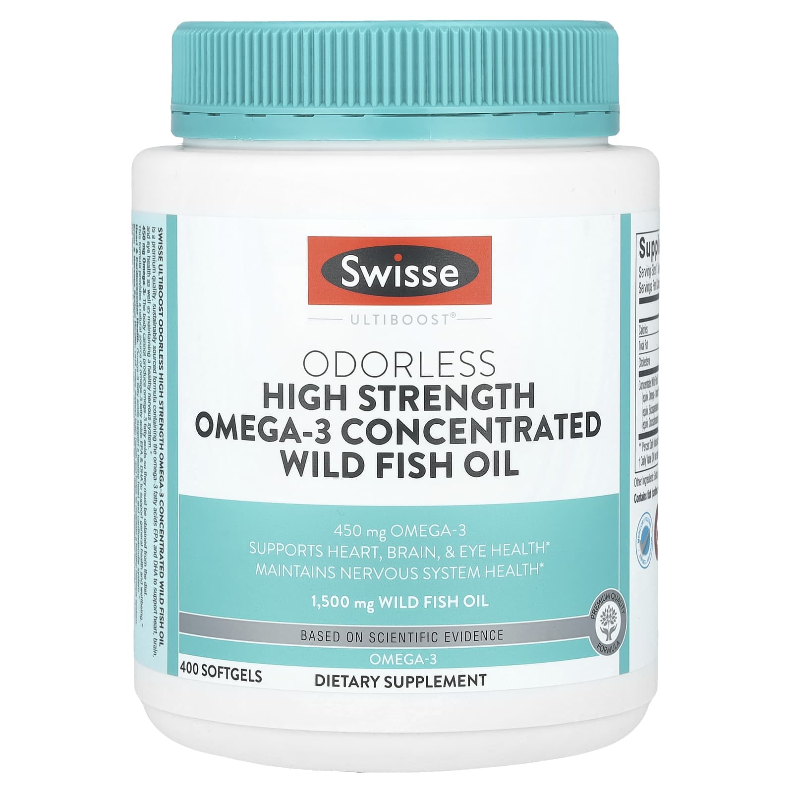 Swisse, Ultiboost®, Fragrance-Free, High-Strength Omega-3 Concentrated Wild Fish Oil, 1,500 mg, 400 Softgels