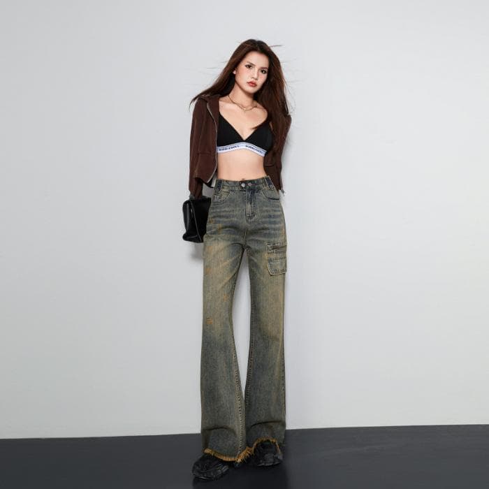 Retro Wash Blue Yellow American Light Work Clothes Bristled Wide-leg Pants for Women In Autumn and Winter Floor Jeans for Women In Autumn and Winter 2XL