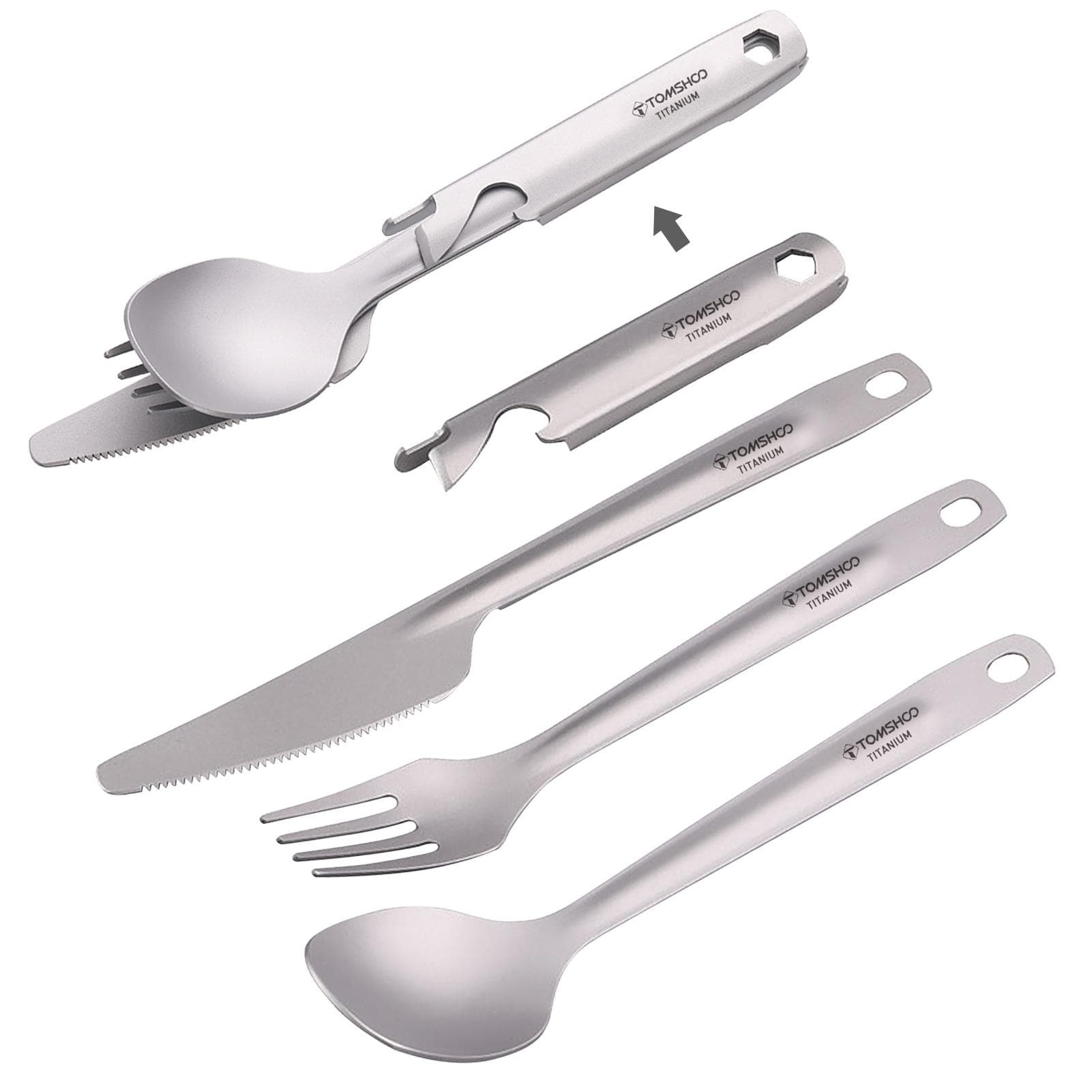 TOMSHOO 4-in-1 Titanium Flatware Cutlery Set Lightweight Dinner Spoon Fork Cutter with Multifunctional Storage Holder Bottle Opener