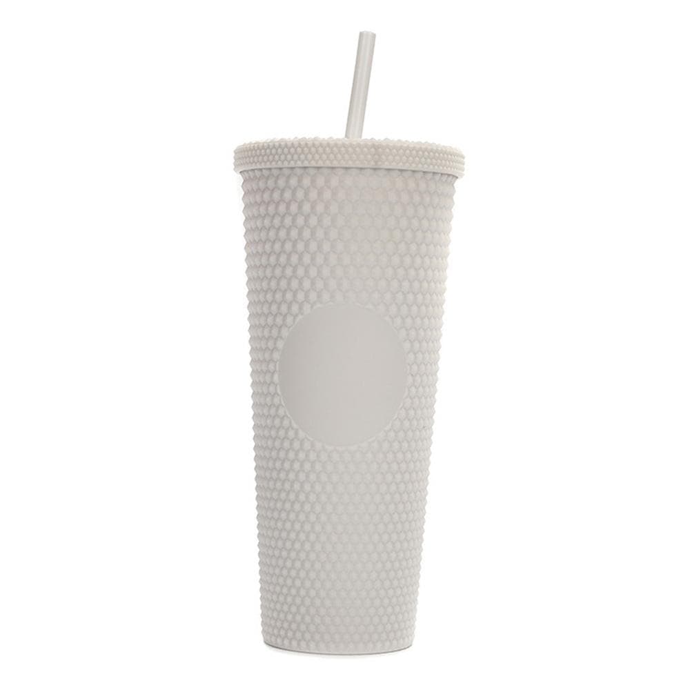 710ML/24OZ Large Capacity Water Cup Fully Studded Matte Tumbler Reusable Plastic Cup with Wide Opening Leak-Proof Lid Straw white