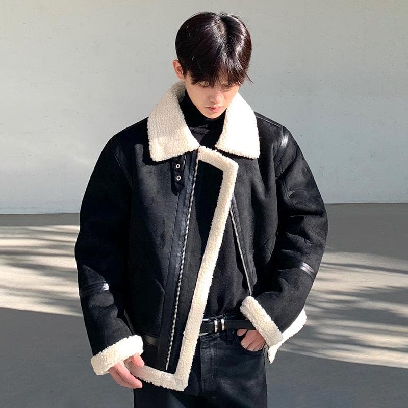 Cotton Coat Men's Korean Style Winter Suede Cotton Coat Trendy Loose Thickened Fur One-piece Lamb Wool Coat 2XL black
