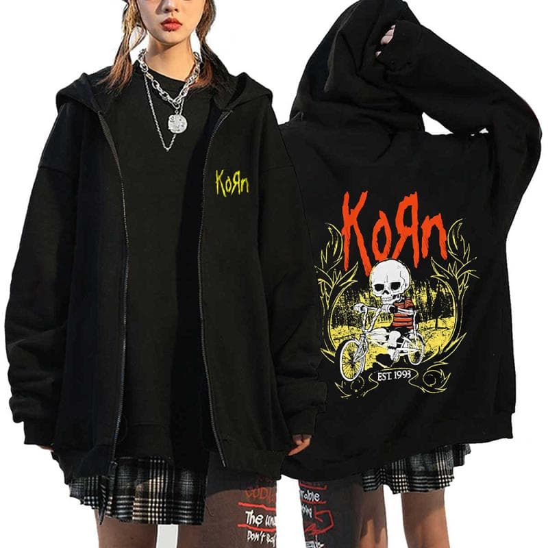 Korn Rock Band Print Zipper Hoodies Metal Music Men's Zip Up Jackets Hip Hop Streetwear Sweatshirts Unisex Y2K Cardigan Coats M