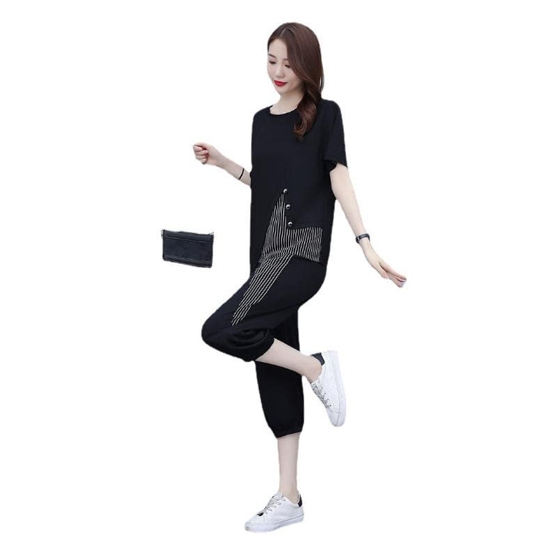 Casual Sports Suit for Women Loose Large Size Women's Clothing To Look Slim Summer Clothes New Short-sleeved Women's Cropped Pants Two-piece Set 4XL black