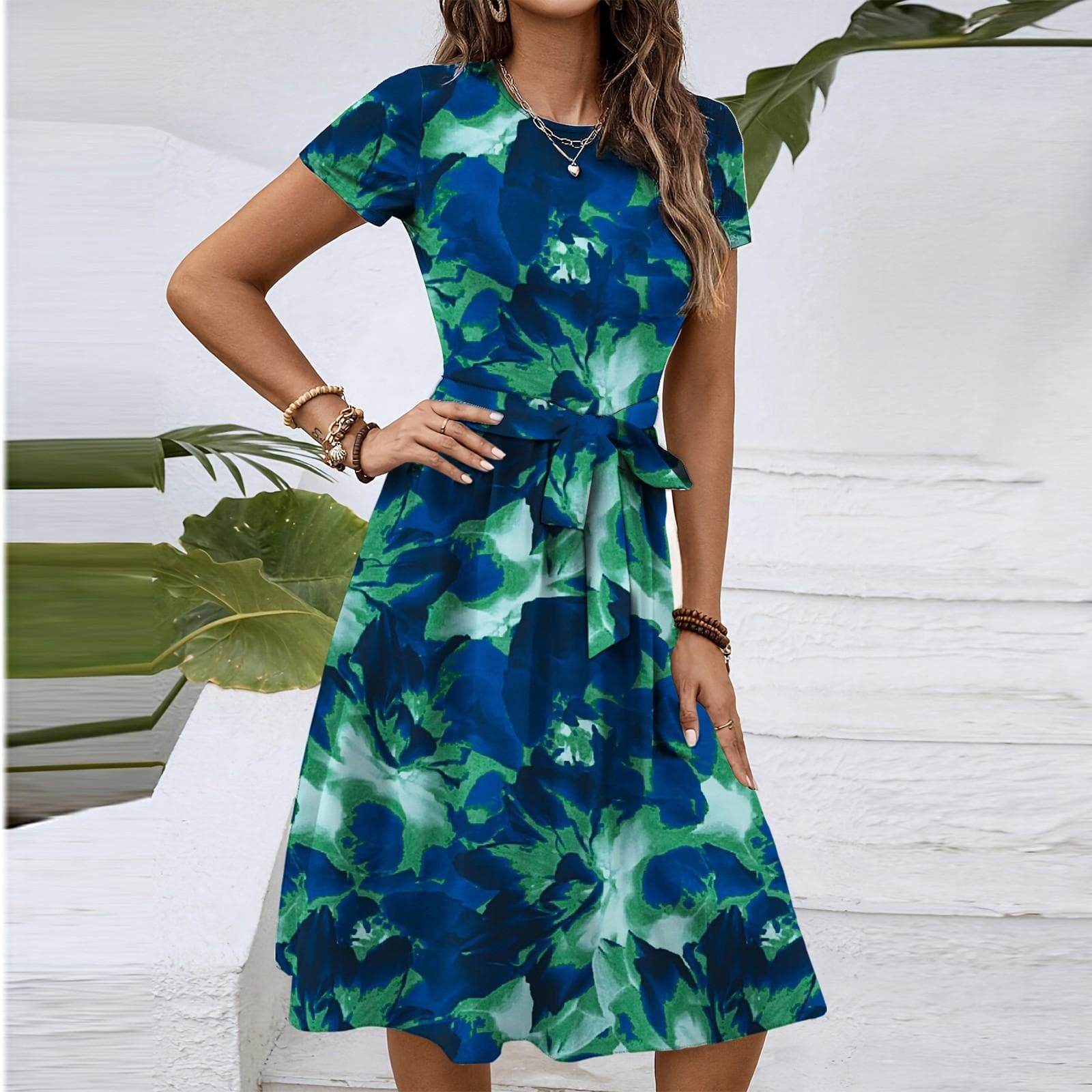 Women's Fashionable Retro Patterned Printing Color Blocked Belt Casual Dress S blue