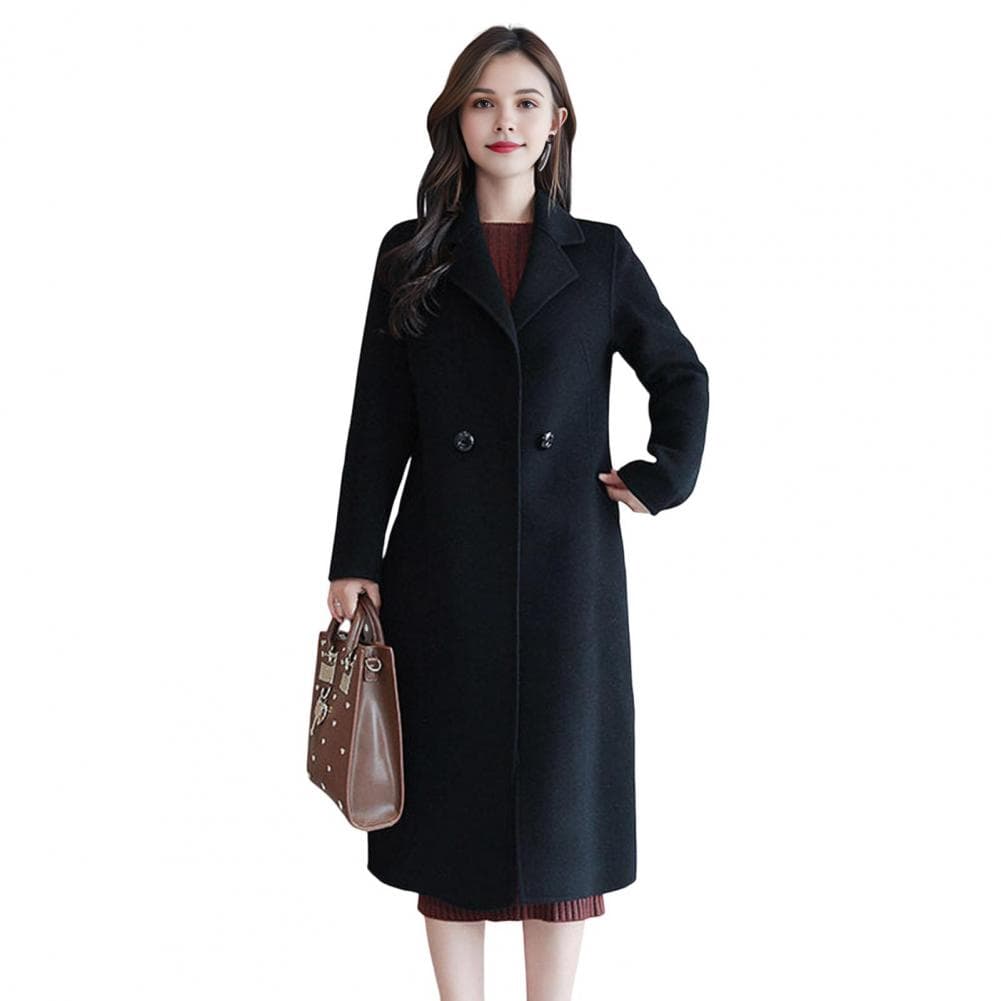 Women Jacket Turn-down Collar Pockets Solid Color Double-breasted Loose Fit Overcoat Thermal Long Sleeved Commuting Dating XXXL black