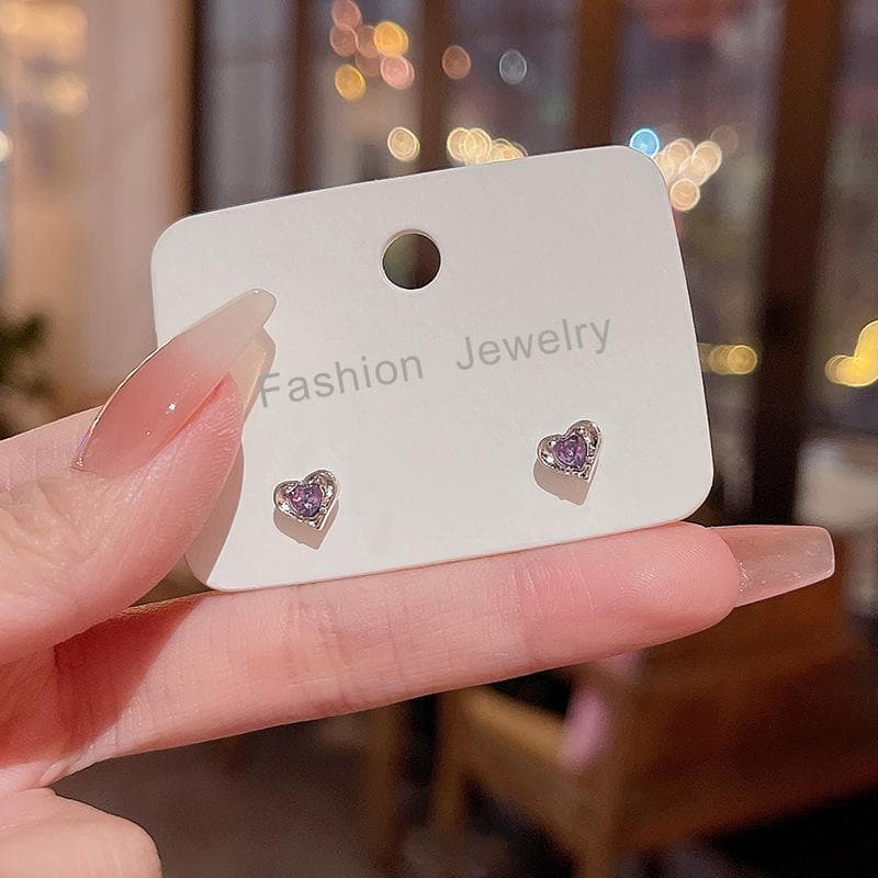 Purple White Women's Small Earrings Mini Love Heart Round Rhinestone Middle Fashion Sweet Tiny Stud Earrings Girls Jewelry purple
