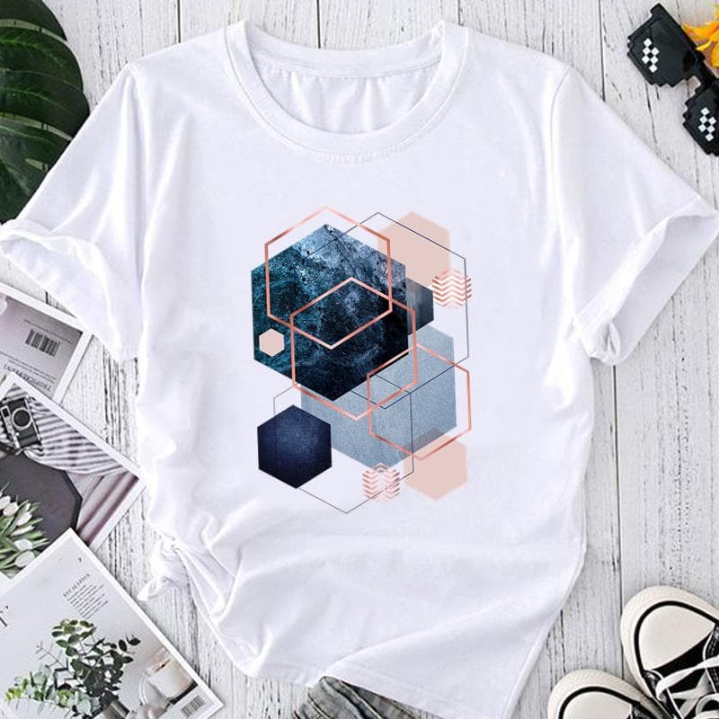 (Asian Size) Print Floral Abstract Geometric Graphic Tee Ladies Women's Summer Top Female T Clothing Casual Fashion Short Sleeve T-shirt 2XL