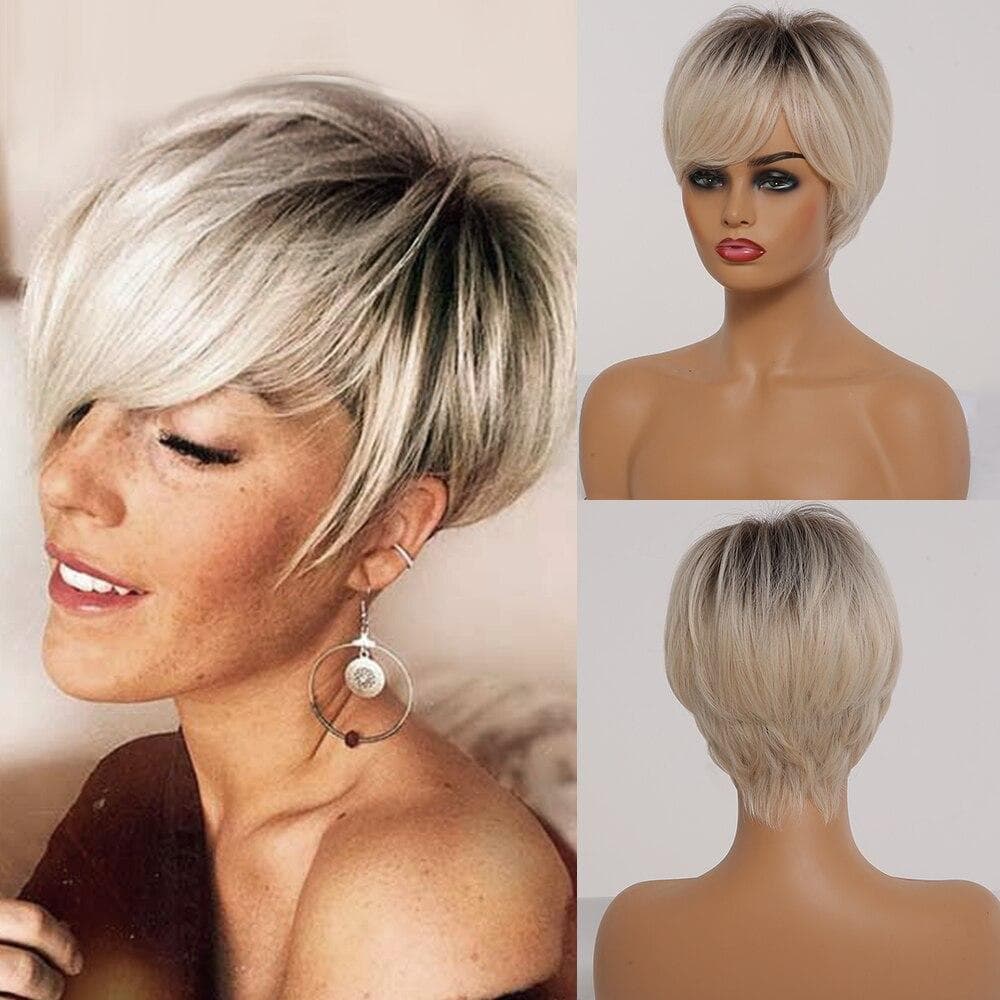 ALAN EATON Short Straight Ombre Brown Blonde Bob Wigs With Bangs Synthetic Hair Wig for Women Cosplay Lolita Heat Resistant Fiber