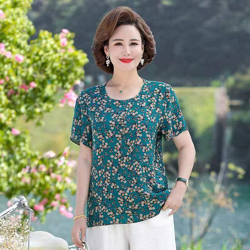 Women's Short-sleeved Large Print Ice Silk Short-sleeved Loose Large Yard Tops Shredded Flowers Hundred T-shirts 6XL