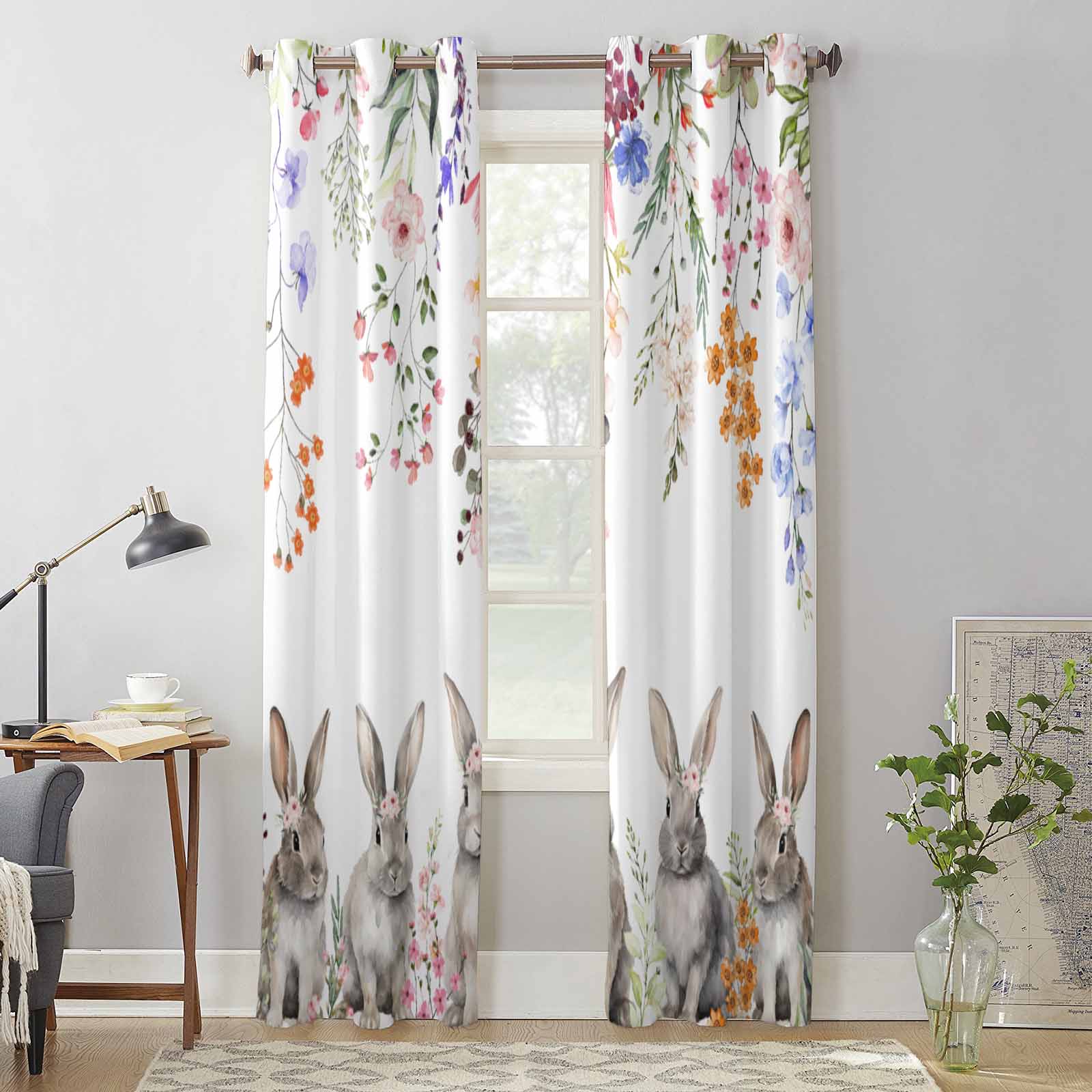 Easter Bunny Herbs Flowers Window Curtains for Living Room Bedroom Curtain Modern Kitchen Blinds Drapes Curtains 135W x 135H(cm) x2