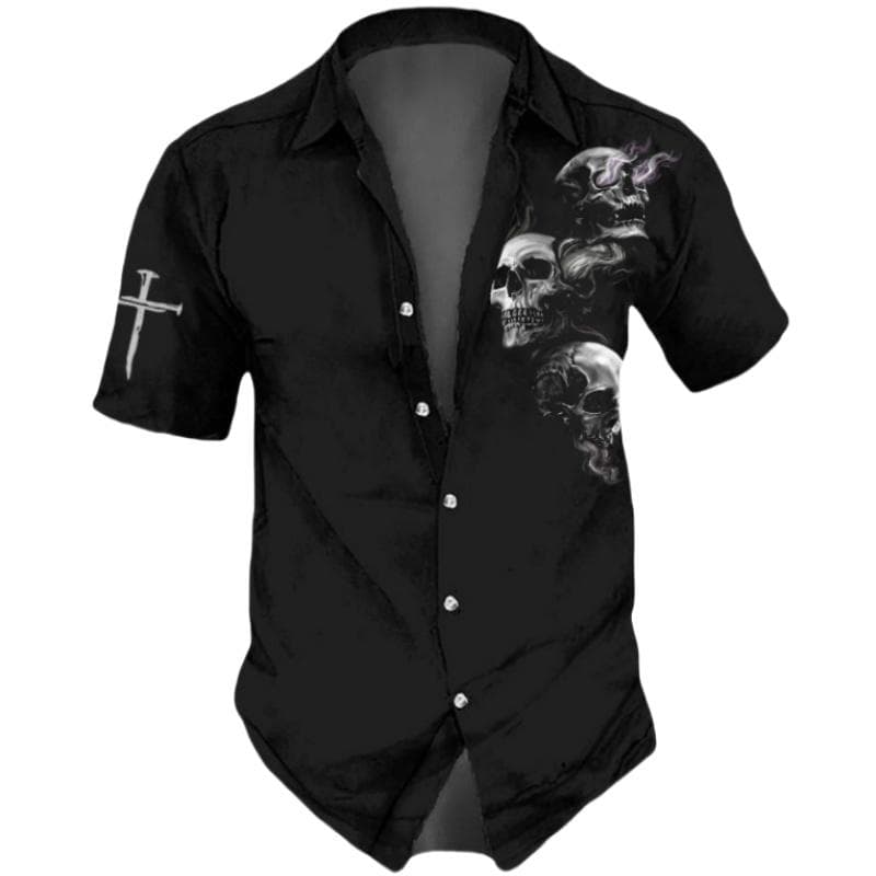 Horror Skulls Print Men's Shirts Summer Hip Hop Style Short Sleeve Lapel Shirts For Men Streetwear Hawaiian Beach Holiday Shirt XL