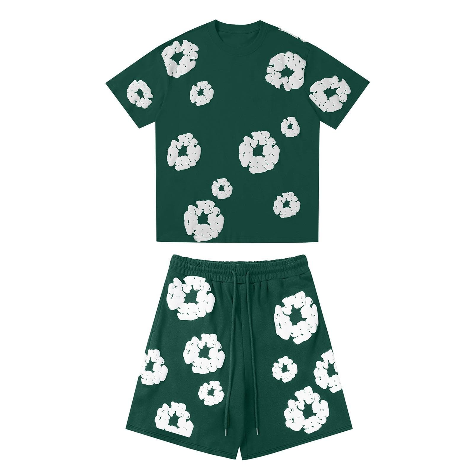 Women's And Men's Casual Loose Fitting Printed T-shirt And Shorts Two-Piece Street Fashion Trend Short Sleeves+shorts L green