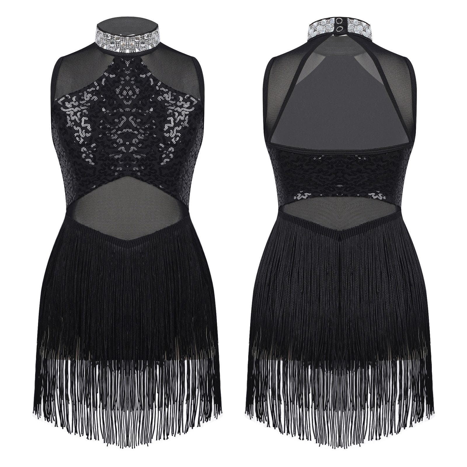 Kids Girls Rhinestone Sequins Decor Mesh Patchwork Style Tassel Hem Dance Leotards for Tango Samba Dance 7-8 Years black