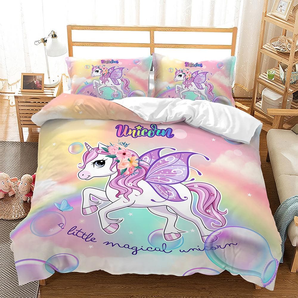 Rainbow Unicorn Bedding Set for Kids, Cartoon Animal Bed Linen for Girls, Kawaii Duvet Cover Sets, Twin, Single, Double, Queen EU Single 135x200cm