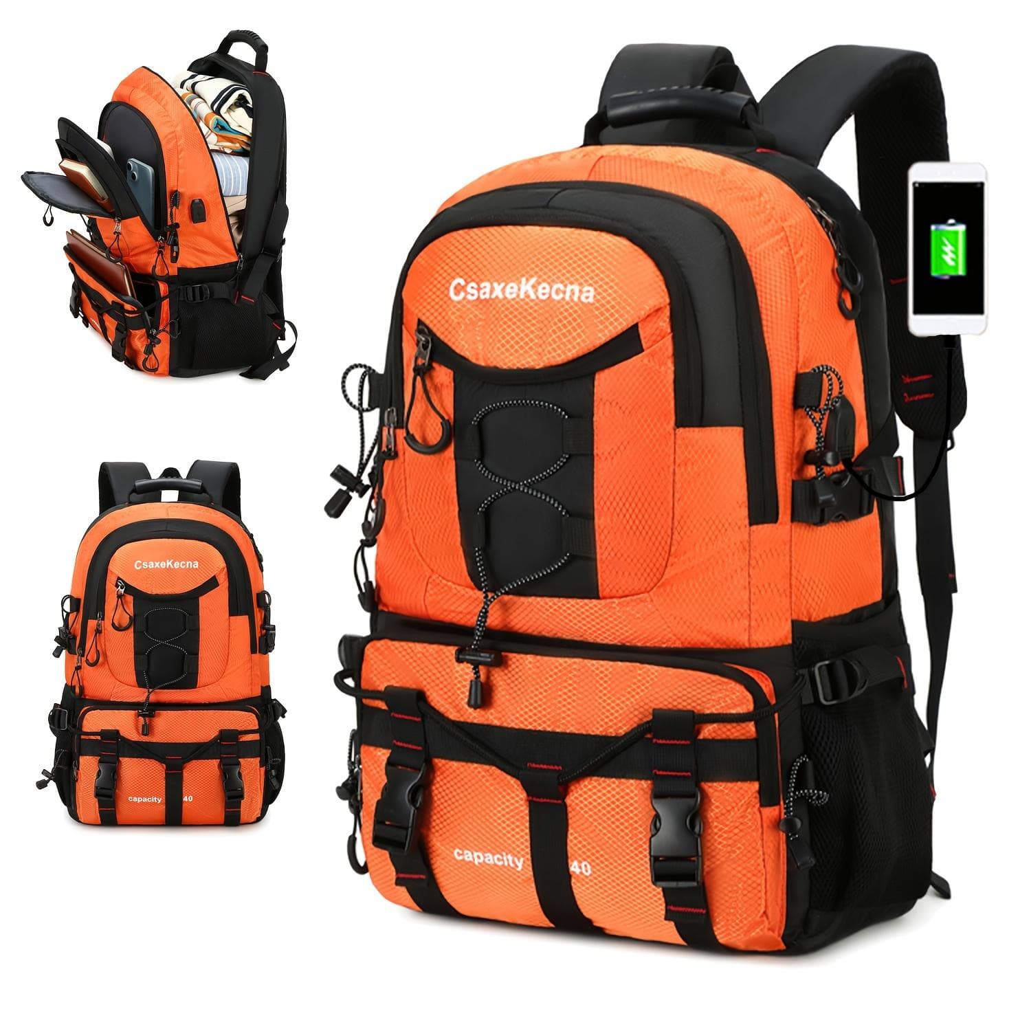 Lightweight 10.57gal Travel & Hiking Backpack with USB Charging Port, Adjustable Straps, Durable Polyester, Fits 17-inch Laptop orange