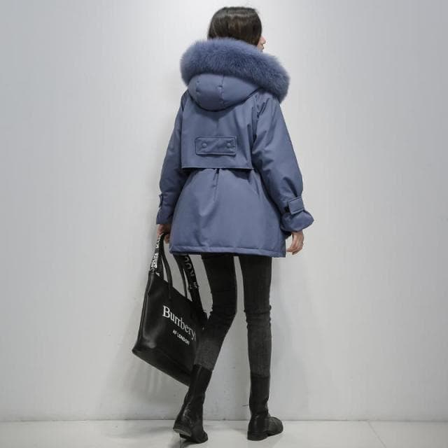 Fitaylor Large Natural Fox Fur Hooded Winter Jacket Women 90% White Duck Down Thick Parkas Warm Sash Tie Up Snow Coat S