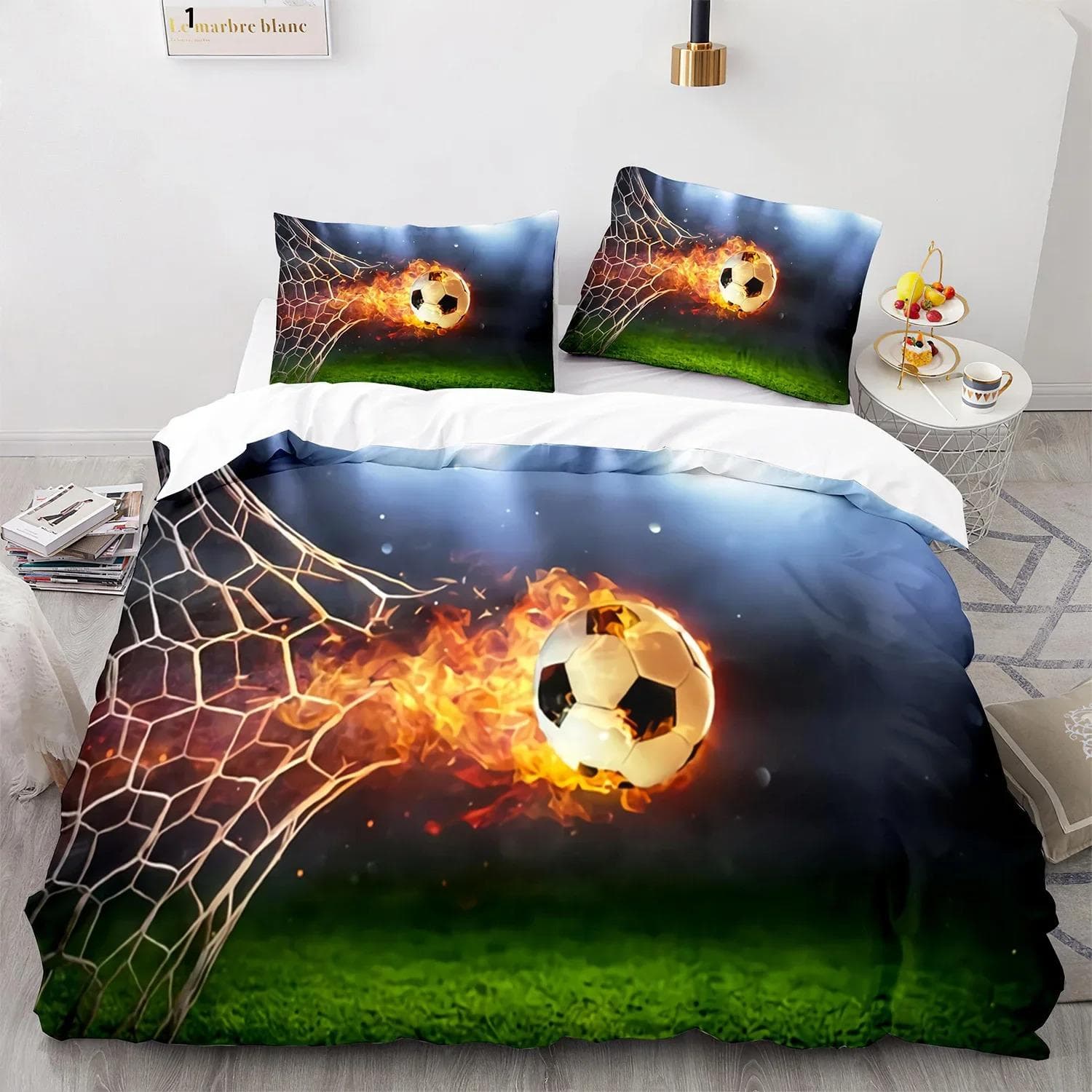 Teen Room Duvet Cover Set, Soccer Sports Game 3 Piece Bedding Set with 2 Pillow Shams, QueenKingFullTwin Size Comforter Cover 70x133cm 2pcs