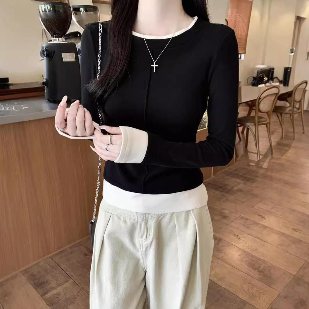 Spring American Fake Two-piece Long-sleeved T-shirt Base Shirt for Women New Style Round Neck Layered Top 2XL