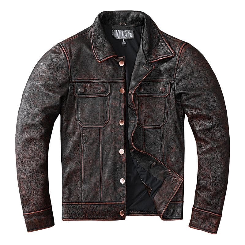 New Vintage Brown Workwear Style Cowboy Genuine Leather Jacket Natural Cowhide Coat Men 'S Stone Mill Old Style Clothes L brown
