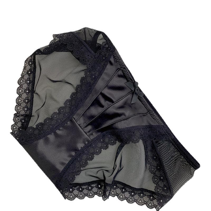 French Vintage Satin Pure Desire White Lace Underwear for Women Sexy Mesh Low Waist Lightweight Underwear for Girls Triangle Pants L black