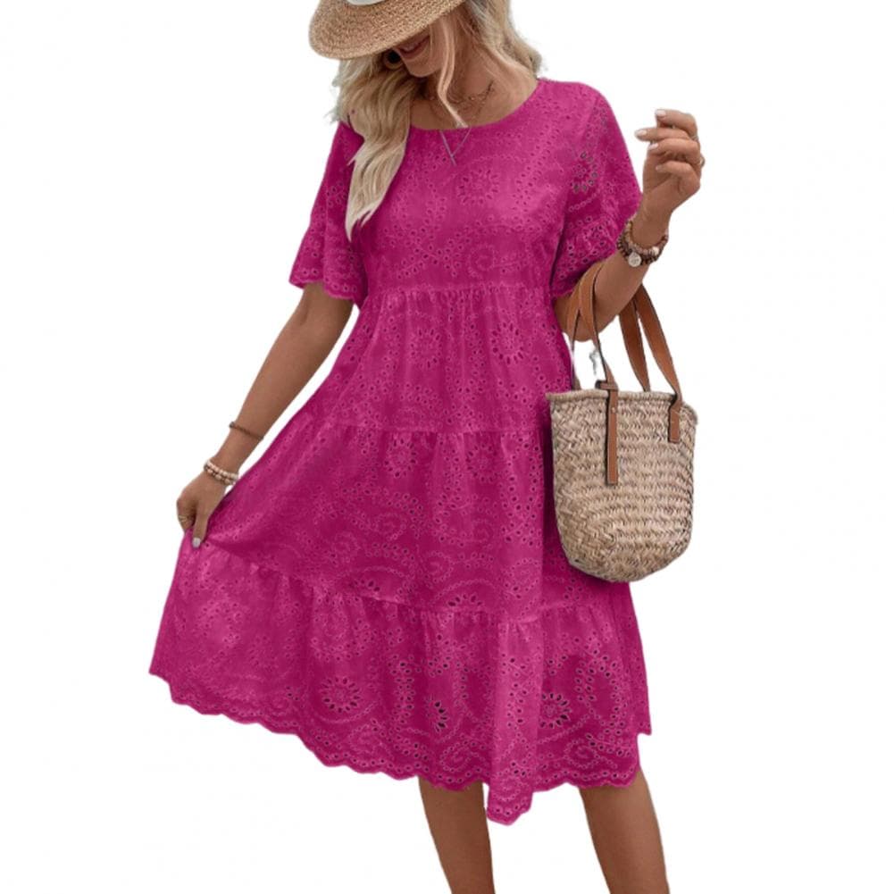 Summer Women Dress Hollow Out Short Horn Sleeves Dress A-line Pleated Patchwork Big Swing Embroidery Vacation Beach Midi Dress S rose red