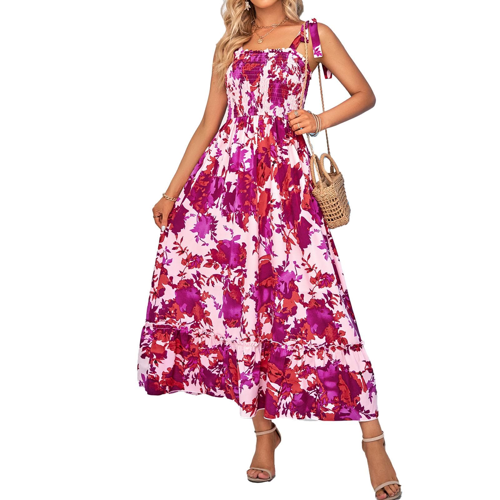 Maxi Dress Shirred Printed Strap Pleated Fashionable Elegant Female Maxi Dress for Dating Party L purple
