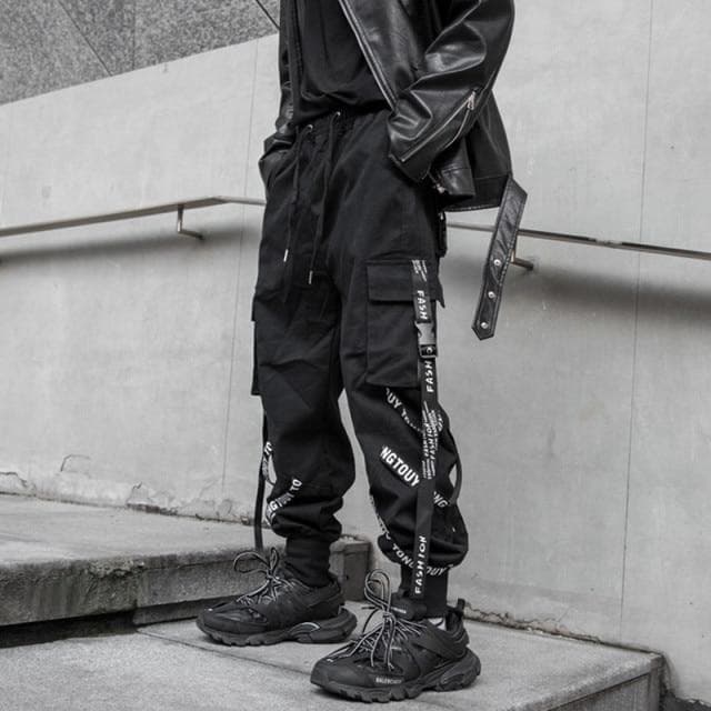 Black Cargo Pants Men Joggers Cargo Trousers for Men Jogging Japanese Streetwear Hip Hop Hippie Techwear Gothic Ribbon XL black