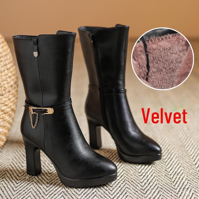 Women's Mid-Calf High Heel Boots - 2023 Spring/Autumn Velvet Leather for Middle-Aged Mums YZL2386-1; 40 black