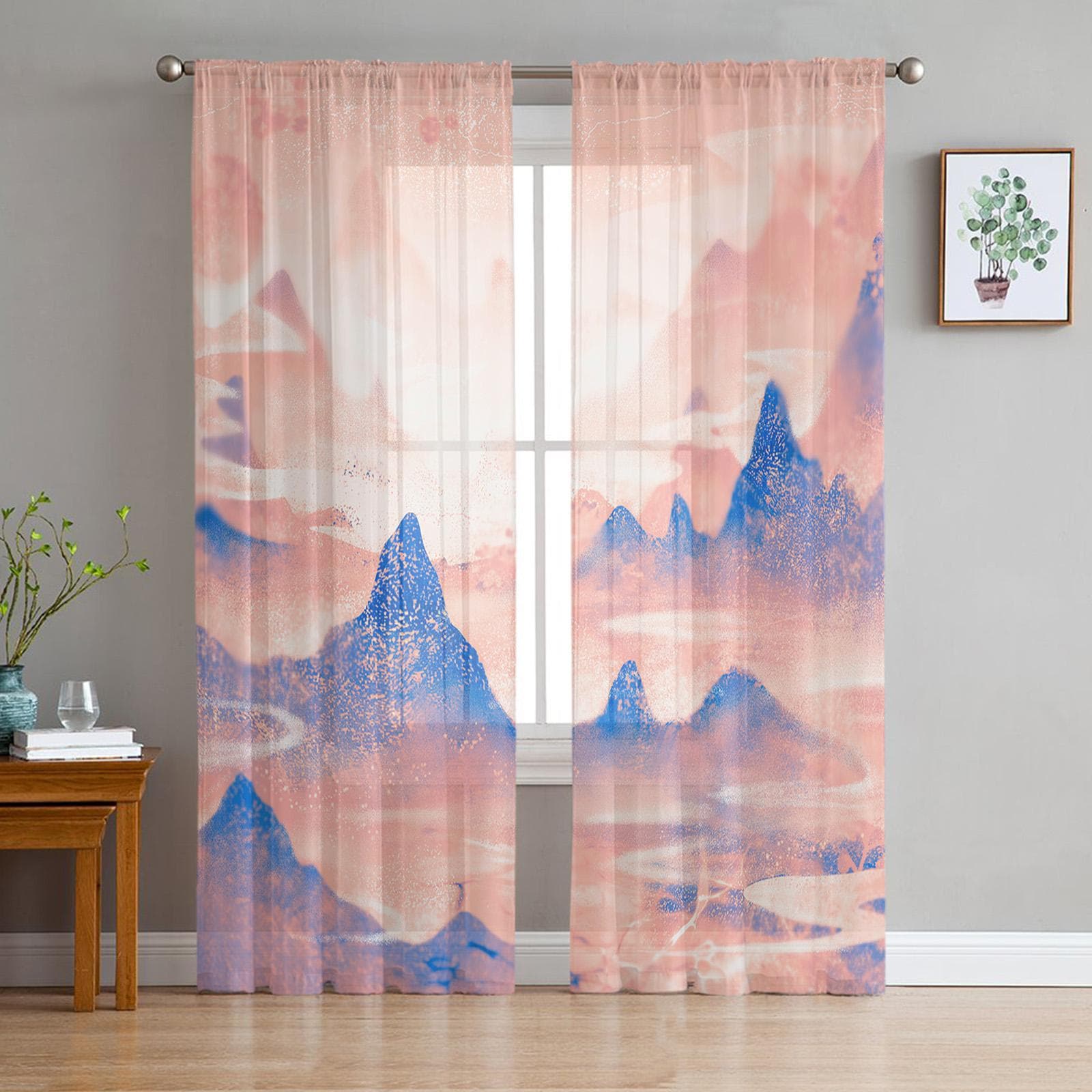 Art Mountains Abstract Ink Voile Sheer Curtains For Living Room Window Chiffon Tulle Curtain Kitchen Bedroom Drapes Home Decor 135W x 114H(cm)