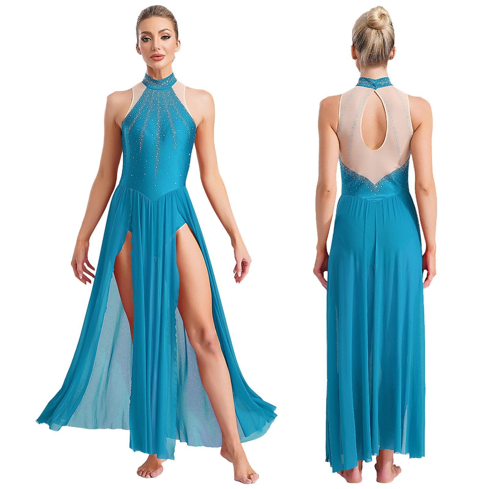 Women Modern Lyrical Dance Dress Sleeveless Split Sheer Mesh Ballet Gymnastics Leotard Dress Contemporary Performance Dancewear light blue