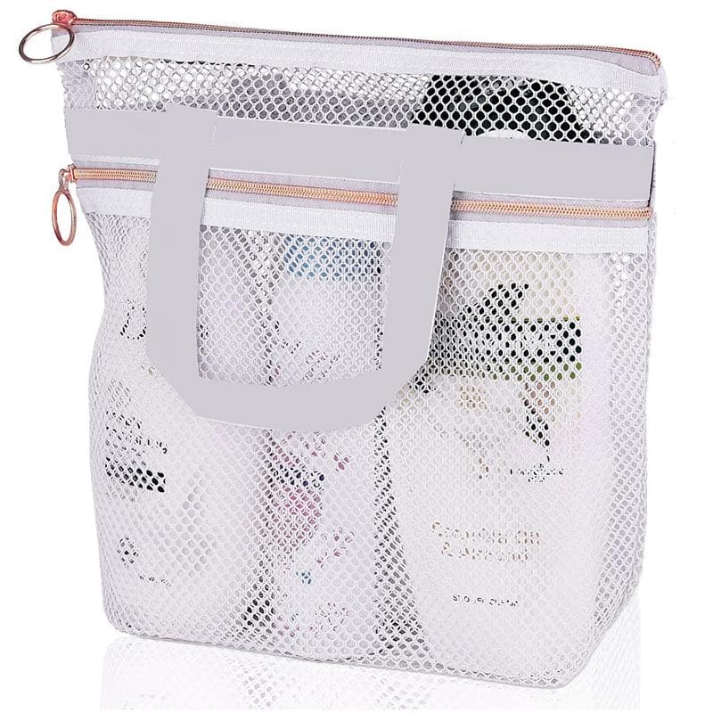 Portable shower handbag, transparent mesh makeup bag, storage bag, travel wash bag, mesh beach bag white