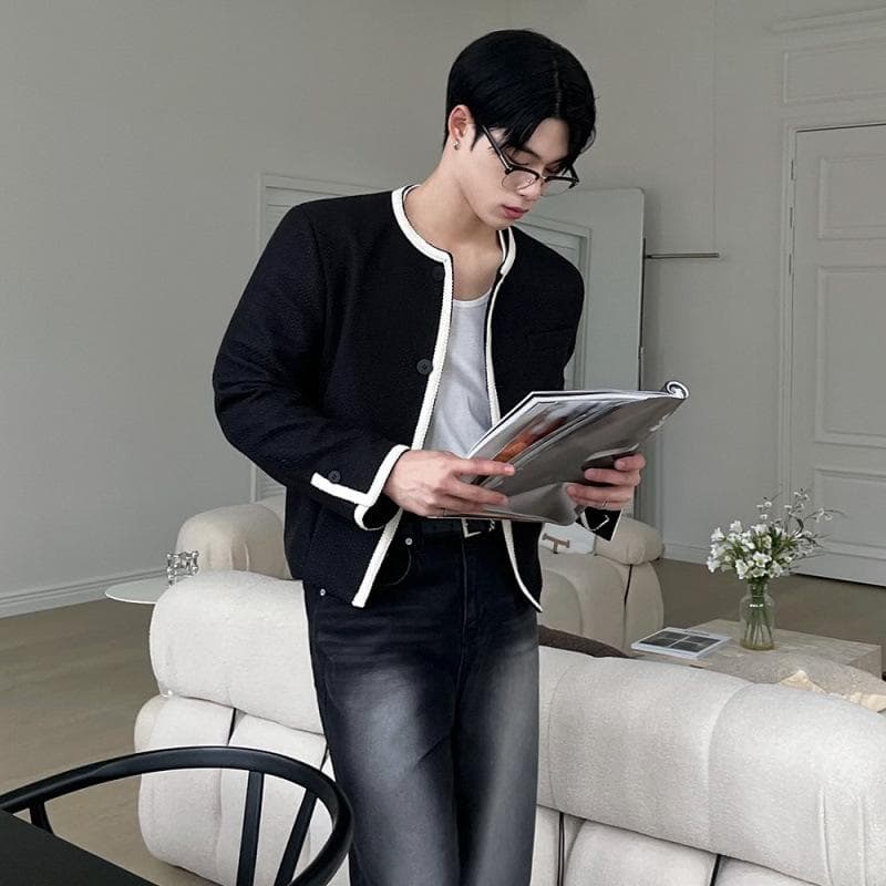 Short Round Neck Jacket for Men, Autumn Loose Small Fragrant Style Jacket, Korean Style Trendy Shoulder Pad Top 2XL black