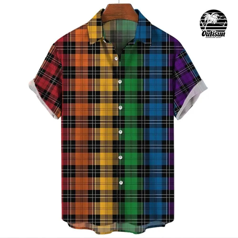 Summer Fashion Plaid Rainbow Print Men's Short Sleeve Casual Shirt Pride Month Party Outfit Tops Street Trend Party Oversized XXL