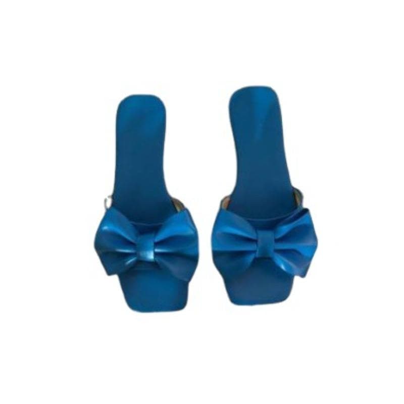 Women's Bowknot Flat Slippers, Solid Color Square Open Toe Non Slip Slides Shoes, Versatile Indoor & Outdoor Slippers 41 blue