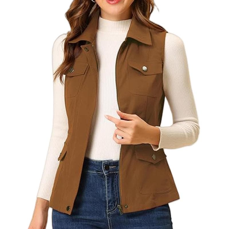 Women's Vest Cardigan Zipper Jacket Multi-pocket Solid Color Sleeveless 2XL