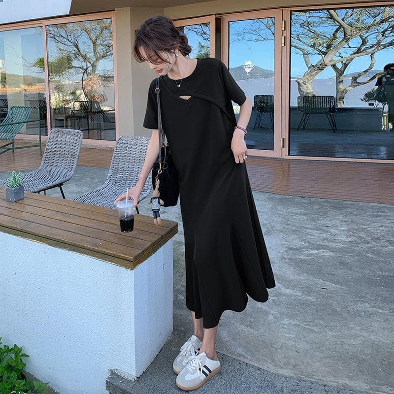 Women's Cross-cut Hollow Design, Round Neck, Loose Slimming Pleated Skirt, Fashionable Commuting Temperament Army Gray Dress XL