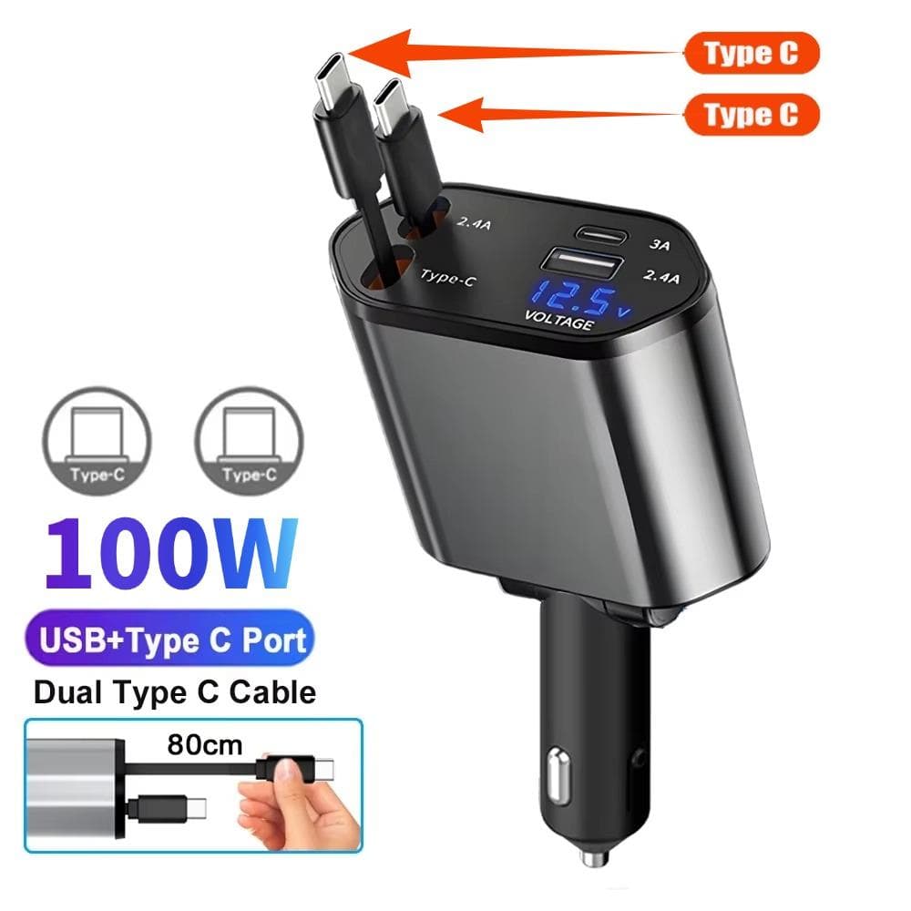 100W Car Charger USB Type C Super Fast Charge Flash Charging Retractable Cable Phone Car Charger For iphone Huawei Samsung with Voltage Display