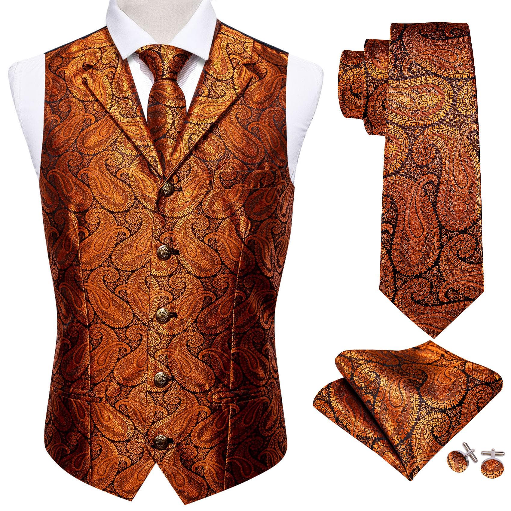Barry.Wang Mens Waistcoat Vest Tie Hankerchief Cufflinks Dark Red Paisley Collar Copper Buckle Jacquard Woven Silk Wedding Dating Party Set 2XL