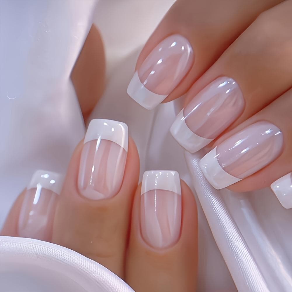 24pcs Chic French Tip Press-On Nails Kit - Glossy Aurora White & Pink, Medium Length French Tip False Nails Set W762-5