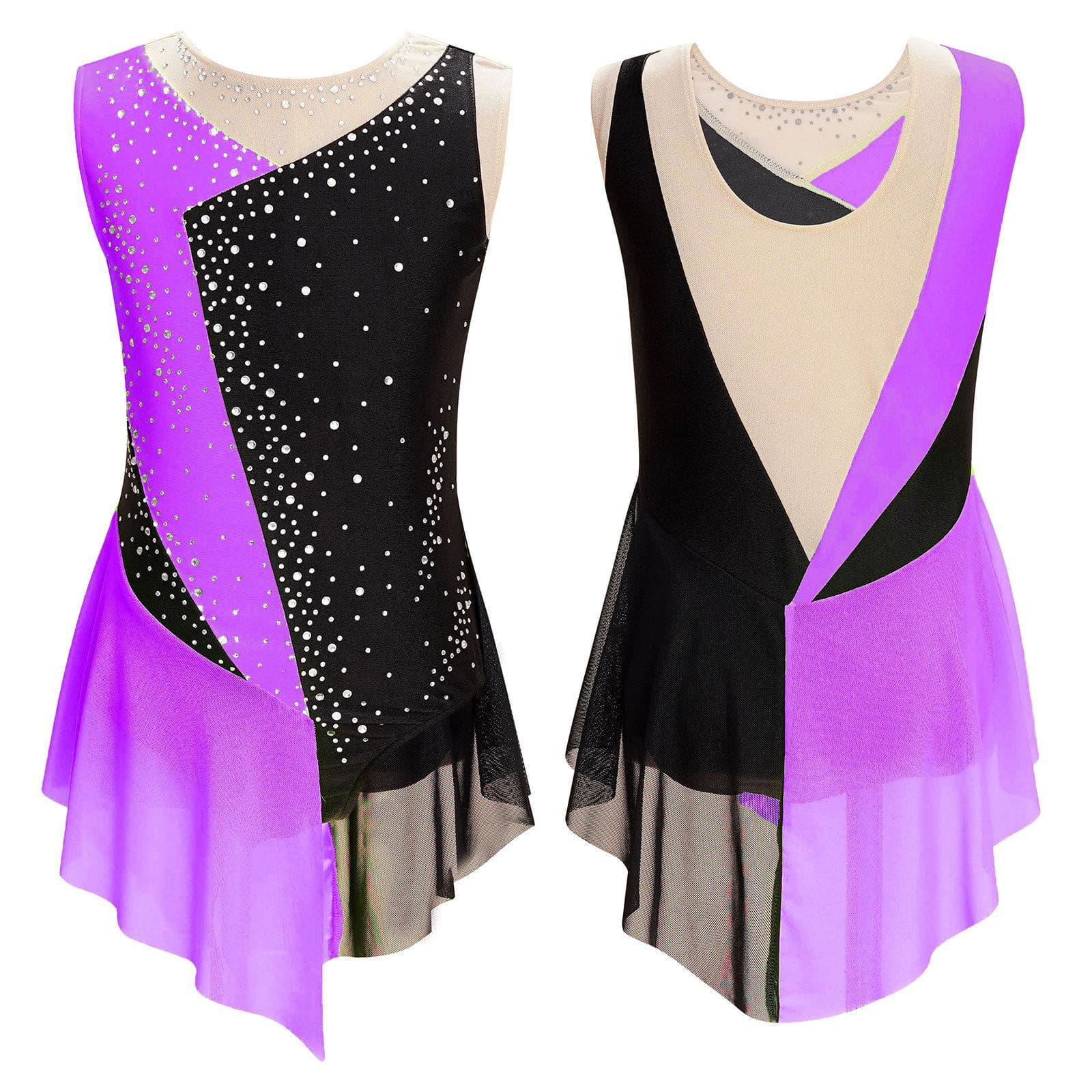 Kids Girls Shiny Rhinestone Sheer Mesh Sleeveless Bodysuit Ballet Figure Skating Gymnastics Leotard Dress 7-8 Years purple