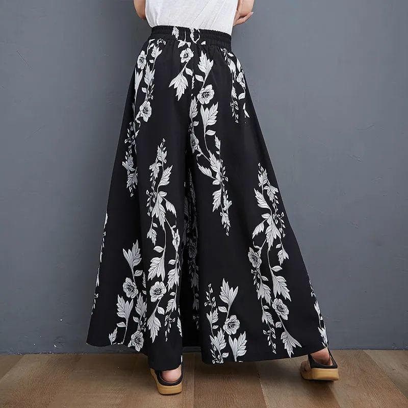 Plus-size Baggy Wide-leg Pants Women's Summer Print Elastic High-waisted Swing Culottes 2XL