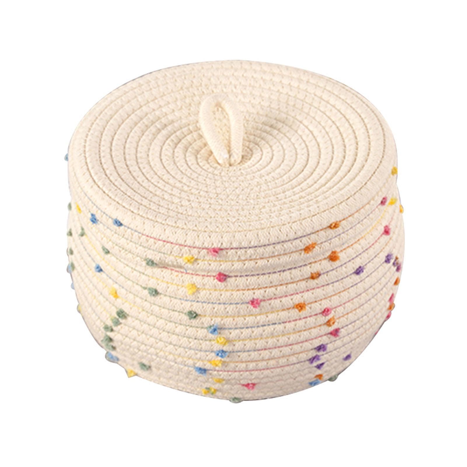 Cotton Rope Basket Woven Storage Box Round Colorful Decorative Dots Large Capacity with Lid for