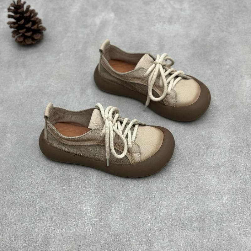 Johnature Retro Genuine Leather Lace Up Women's Shoes Casual Round Toe Cowhide Flats 38 beige