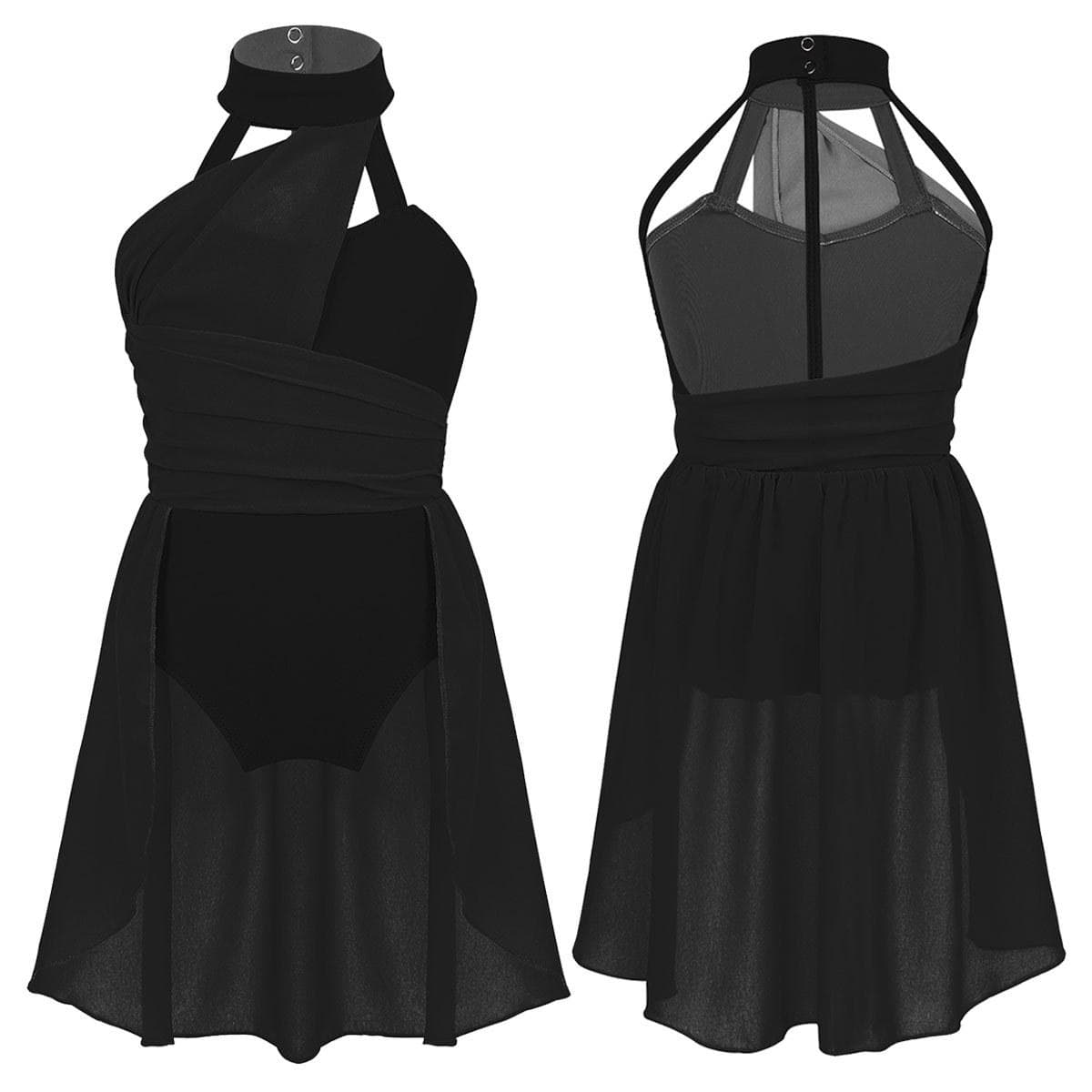 Kids Girls Sleeveless Ruched Chiffon Bodice Caged Back Leotard Dress for Lyrical Contemporary Dance 5-6 Years black