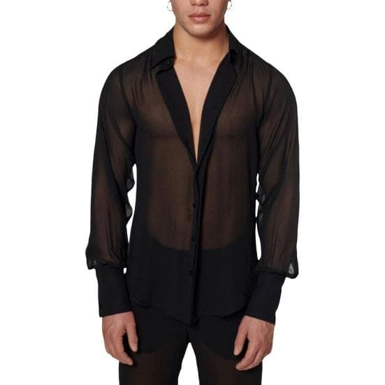 Black Transparent Shirt for Men Mesh See-Through Shirt Thin Long Sleeves V-Neck Lapel Shirt S black