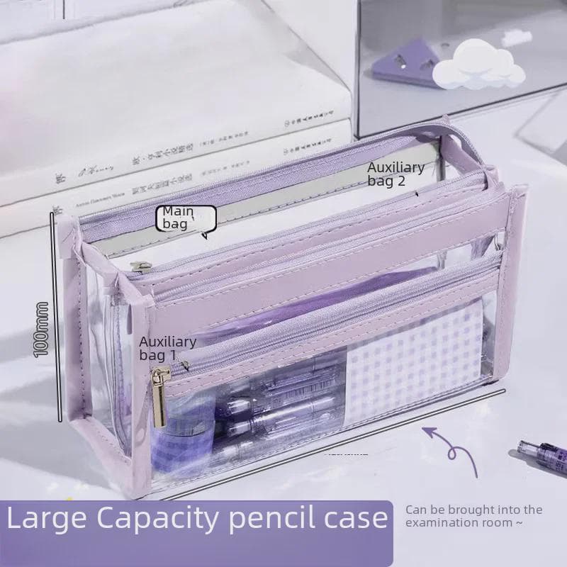 3-Layer Transparent Large-Capacity Pencil Case: Stylish Korean Ins Design for Girls' Stationery purple