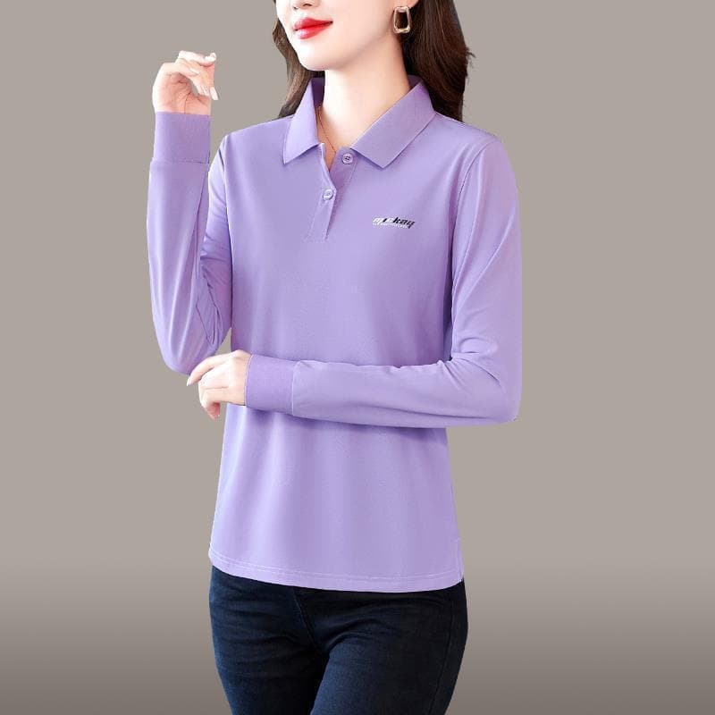 Long-sleeved T-shirt for Women Thin Style Mother Autumn Ice Silk Top Middle-aged Women Lapel T-shirt Polo Shirt L