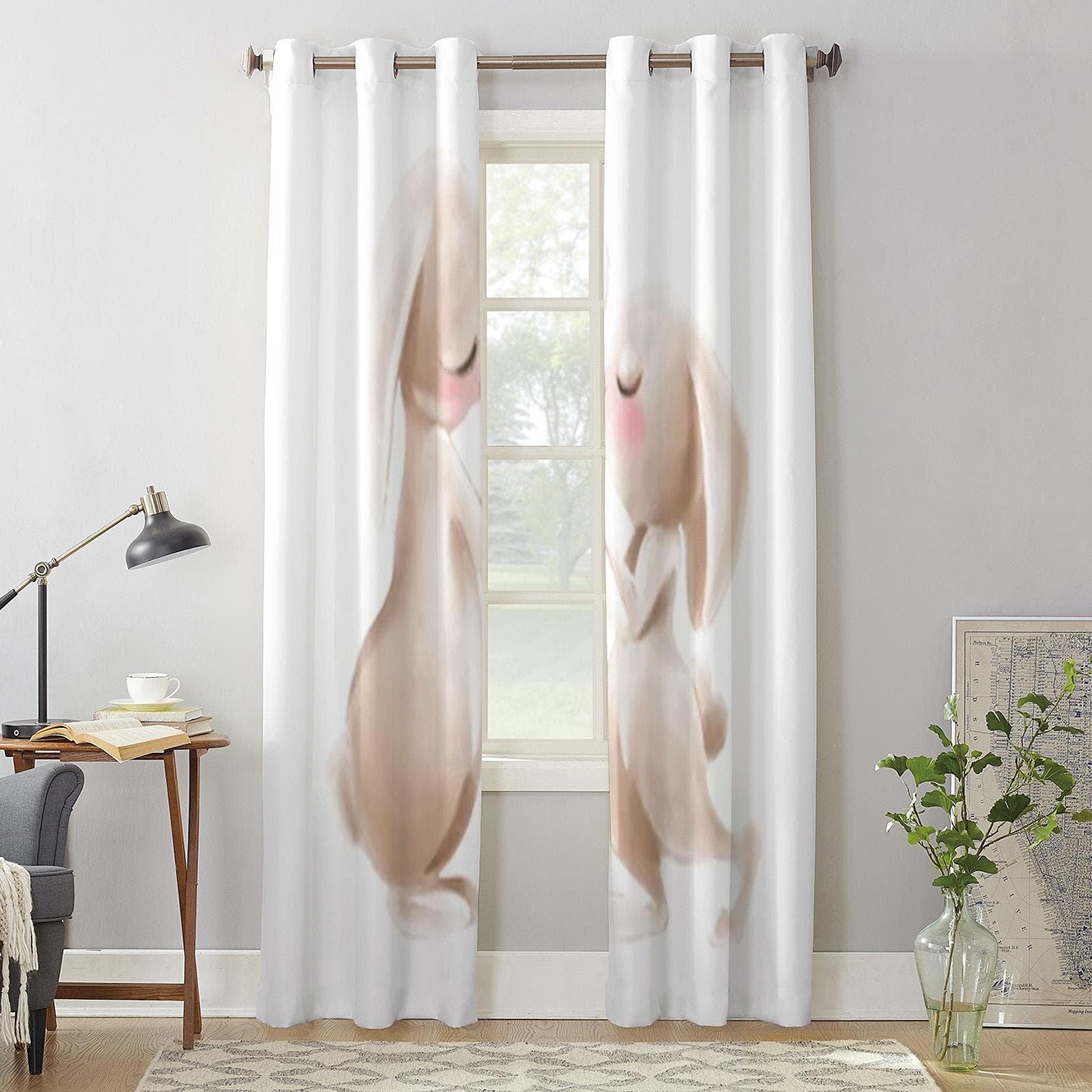 Cute Watercolor Bunnies Window Curtains For Living Room Bedroom Luxury Modern Kitchen Curtains Fabric Drapes 135W x 60H(cm) x1