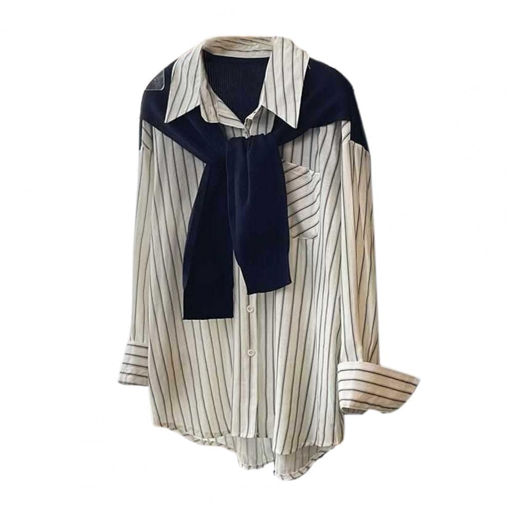 Women Shirt Lapel Long Sleeve Vertical Stripe Print Fake Two Pieces Shirt Tops Regular Fit French Style Shirt M blue